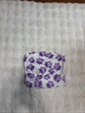 SHEIN White Strapless Floral Tube Top with Purple Flowers